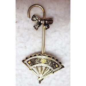 Vintage Damascene Umbrella Parasol With Bow Signed Spain Brooch Pin 2.25"